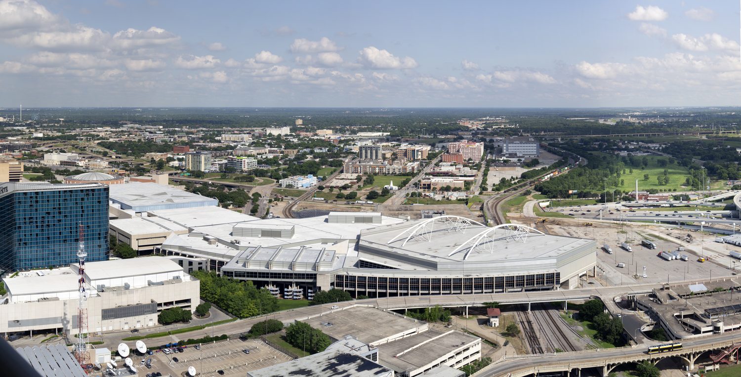 Aerial view of the Kay Bailey Hutchison Convention Center, Dallas, the World Cup 2026 International Broadcast Centre that houses the centralized VAR room
