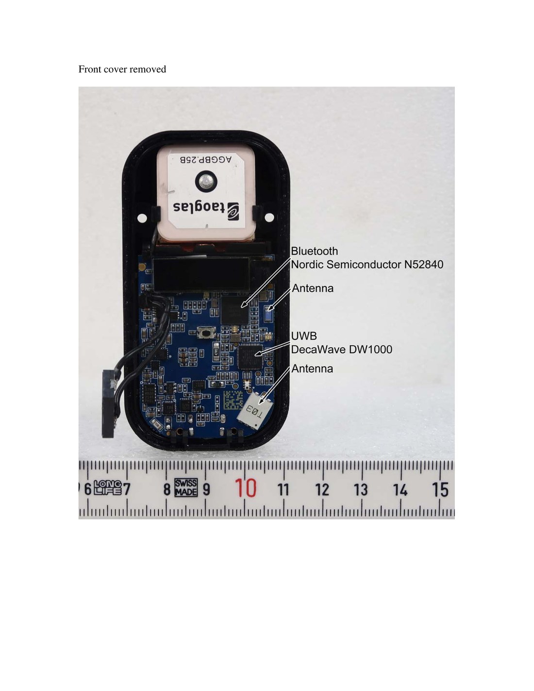 STATSports APX300 internal FCC photo with vendor labels pointing to the Nordic nRF52840 and DecaWave DW1000