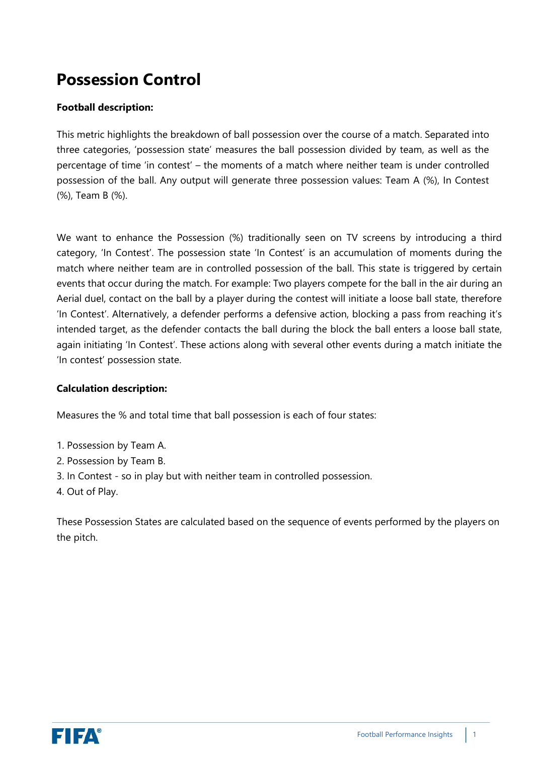 FIFA EFI Possession Control page: football and calculation descriptions defining the four possession states (Team A, Team B, In Contest, Out of Play) computed from the sequence of ball-control events.