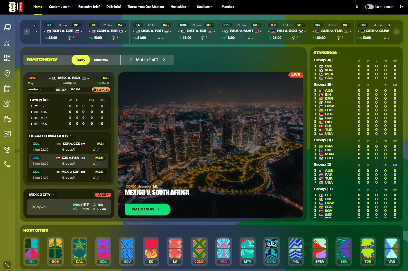The Lenovo Intelligent Command Center dashboard in a pre-tournament demo state: a Matchday panel listing the MEX v RSA fixture, group standings for Groups A through I all reading zero, a live match panel for Mexico v South Africa, a Mexico City weather widget, a fixtures strip across the top, and a row of host-city badges along the bottom