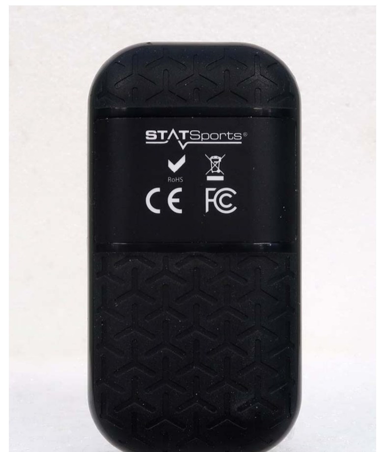 STATSports Apex pod exterior, rear: a textured back panel carrying CE and FCC compliance marks